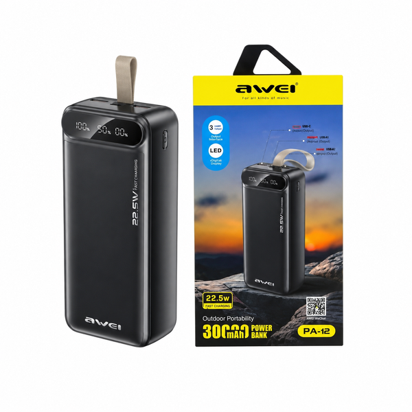 Повербанк AWEI PA12 30000 мА&middot;год 22,5 Вт, Power Bank з LED-дисплеєм, USB-C та USB-A 1022 фото